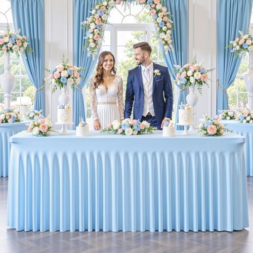 4 Pack Spandex Baby Blue Fitted Table Cloth for 8ft Rectangle Tables Light Blue Stretch Tablecloth Banquet Table, alternate