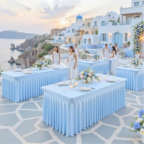 4 Pack Spandex Baby Blue Fitted Table Cloth for 8ft Rectangle Tables Light Blue Stretch Tablecloth Banquet Table, alternate