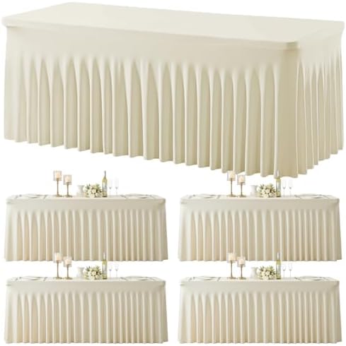 4 Pack Spandex Beige Fitted Table Cloth for 8ft Rectangle Tables Beige Stretch Tablecloth Table Covers Skirt