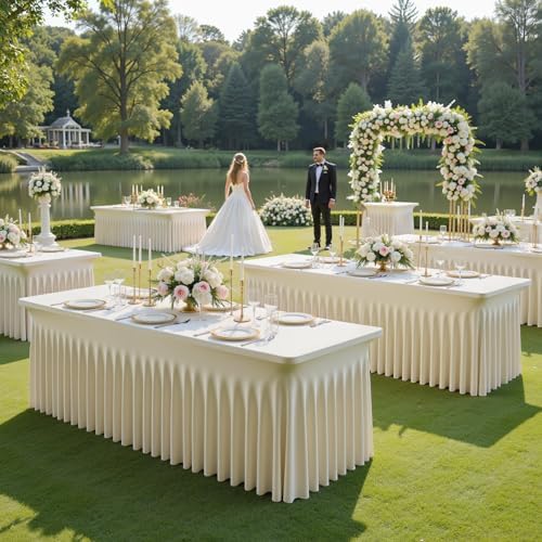 4 Pack Spandex Beige Fitted Table Cloth for 8ft Rectangle Tables Beige Stretch Tablecloth Table Covers Skirt, alternate view