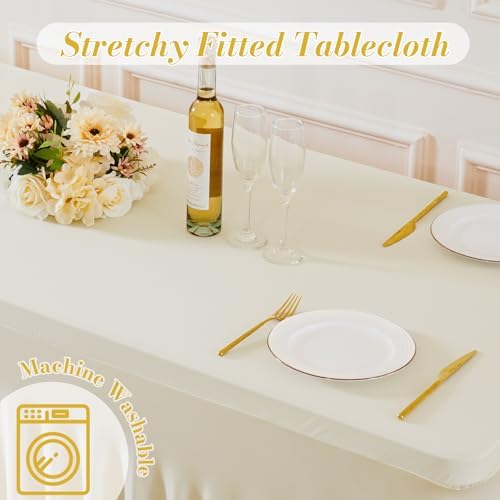 4 Pack Spandex Beige Fitted Table Cloth for 8ft Rectangle Tables Beige Stretch Tablecloth Table Covers Skirt, alternate view