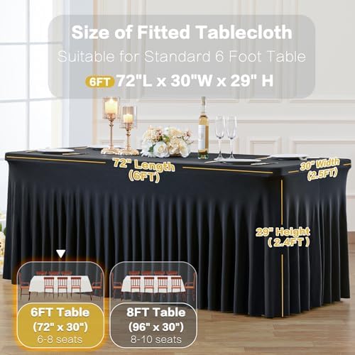 4 Pack Spandex Black Fitted Table Cloth for 6ft Rectangle Tables Black Stretch Tablecloth Table Covers Skirt, alternate view