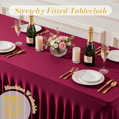 4 Pack Spandex Burgundy Fitted Table Cloth for 6ft Rectangle Tables Burgundy Stretch Tablecloth Table Covers, alternate view