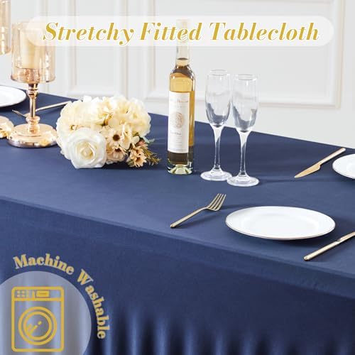 4 Pack Spandex Navy Blue Fitted Table Cloth for 8ft Rectangle Tables Navy Blue Stretch Tablecloth Banquet Table, alternate
