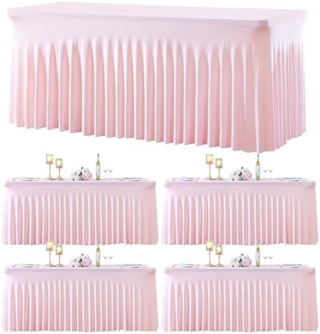 4 Pack Spandex Pink Fitted Table Cloth for 6ft Rectangle Tables Pink Stretch Tablecloth Table Covers Skirt
