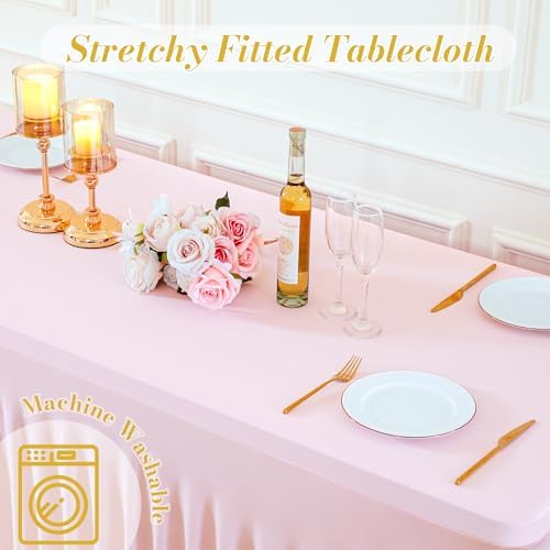 4 Pack Spandex Pink Fitted Table Cloth for 6ft Rectangle Tables Pink Stretch Tablecloth Table Covers Skirt, alternate view 7