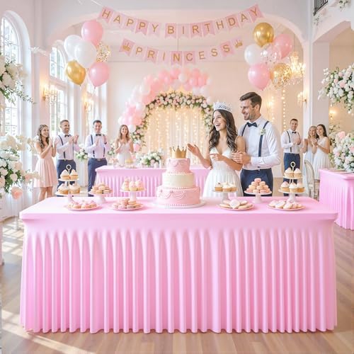 4 Pack Spandex Pink Fitted Table Cloth for 6ft Rectangle Tables Pink Stretch Tablecloth Table Covers Banquet, alternate view