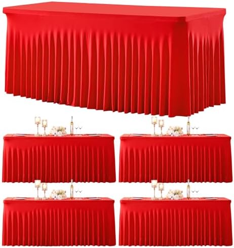 4 Pack Spandex Red Fitted Table Cloth for 8ft Rectangle Tables Red Stretch Tablecloth Table Covers Skirt Banquet