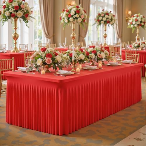 4 Pack Spandex Red Fitted Table Cloth for 8ft Rectangle Tables Red Stretch Tablecloth Table Covers Skirt Banquet, alternate