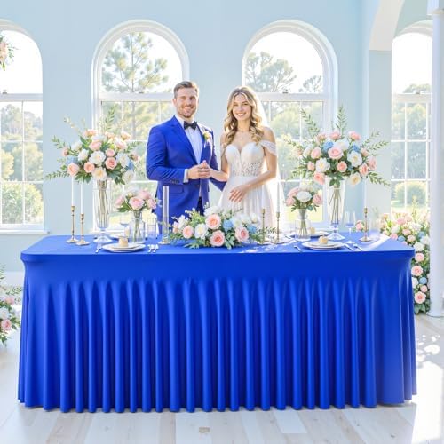 4 Pack Spandex Royal Blue Fitted Table Cloth for 8ft Rectangle Tables Blue Tablecloth Stretch Table Covers, alternate view 3