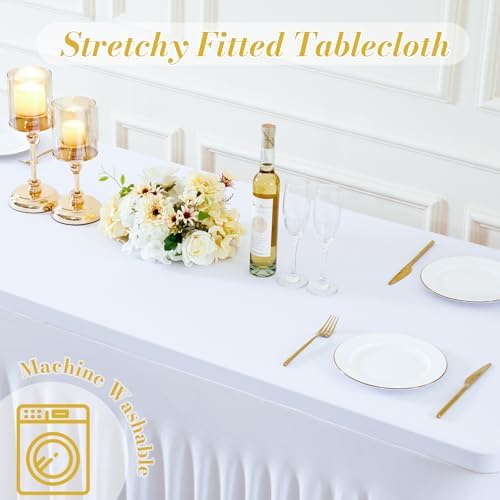 4 Pack Spandex White Fitted Table Cloth for 6ft Rectangle Tables White Stretch Tablecloth Table Covers Skirt, alternate view