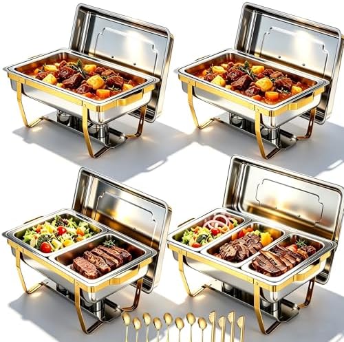 4 Pack Stainless Steel Chafing Dishes for Buffet, 9 QT Capacity with 7 Pans and Serving Utensils Food Warmers