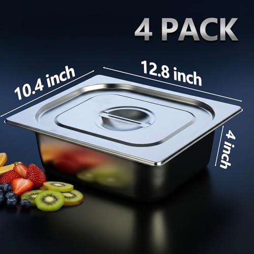 4 Pack Steam Table Hotel Pans, 1/1 Full Size 4 Inch Deep Stainless Steel Metal Tray Sets, Food Storage Container, alternate
