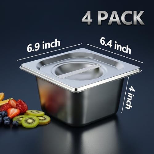 4 Pack Steam Table Hotel Pans, 1/6 Size 4 Inch Deep Stainless Steel Metal Tray Sets, Food Storage Container for, alternate