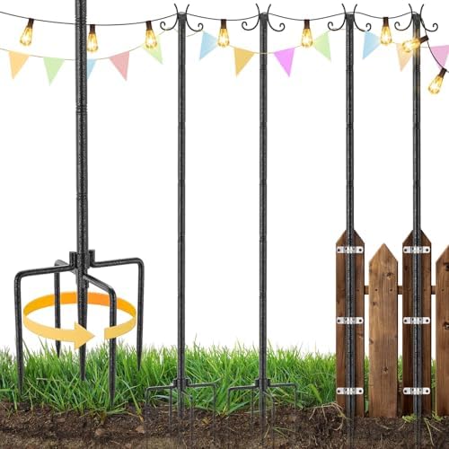 4 Pack String Light Poles, 3M/10FT Adjustable Height Metal Lights Hanging Pole with 2 Hooks and Rustproof, for