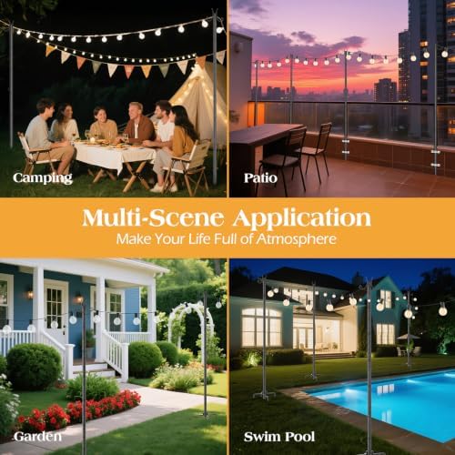 4 Pack String Light Poles, 3M/10FT Adjustable Height Metal Lights Hanging Pole with 2 Hooks and Rustproof, for, alternate