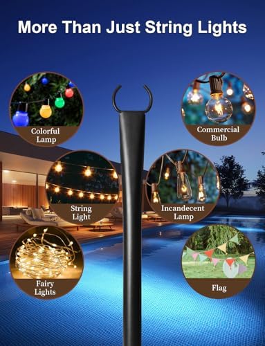 4 Pack String Light Poles for Deck, 5Ft Upgraded Heavy-Duty Metal Deck Light Poles for Outside with Fixing, alternate view 4