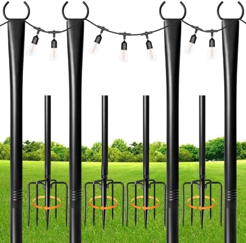 4 Pack String Light Poles for Outdoor, Metal Light Hanging Pole Outside with Fork, Light Stand for Patio