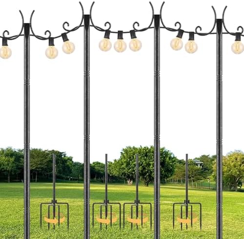 4 Pack String Light Poles for Outside, 10 FT Heavy Duty Metal Festoon Poles with 4-Prong Ground Stake
