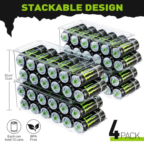 4 Pack Tall Skinny Can Organizer for Refrigerator, Stackable Large Soda Cans of 16oz & 17oz Beverage Energy, alternate view 2