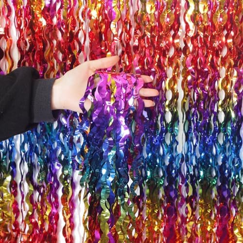 4 Pack Wavy Rainbow Foil Fringe Curtain | 3.3x6.6ft Colorful Tinsel Metallic Streamers Holiday Photo Booth Props