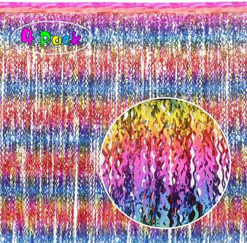 4 Pack Wavy Rainbow Foil Fringe Curtain | 3.3x6.6ft Colorful Tinsel Metallic Streamers Holiday Photo Booth Props, alternate