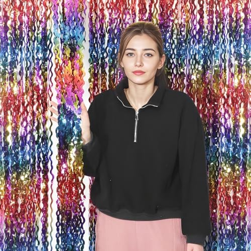 4 Pack Wavy Rainbow Foil Fringe Curtain | 3.3x6.6ft Colorful Tinsel Metallic Streamers Holiday Photo Booth Props, alternate