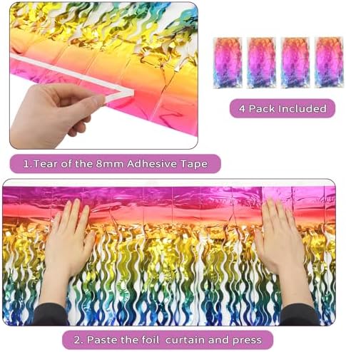 4 Pack Wavy Rainbow Foil Fringe Curtain | 3.3x6.6ft Colorful Tinsel Metallic Streamers Holiday Photo Booth Props, alternate