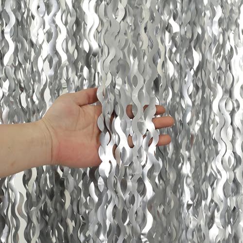 4 Pack Wavy Silver Tinsel Foil Fringe Curtains Streamers Backdrop Matte