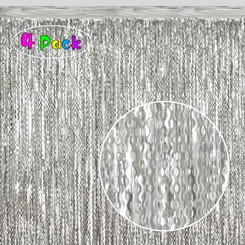 4 Pack Wavy Silver Tinsel Foil Fringe Curtains Streamers Backdrop Matte, alternate view 2