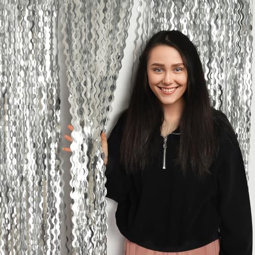 4 Pack Wavy Silver Tinsel Foil Fringe Curtains Streamers Backdrop Matte, alternate view 3