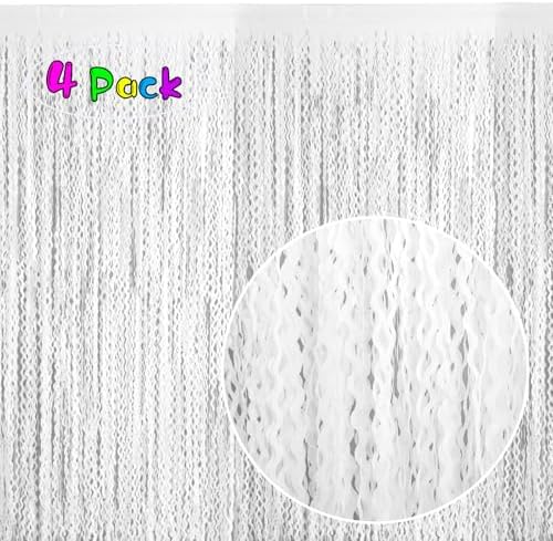 4 Pack White Door Streamers Foil Backdrop - 3.3x6.6ft Metallic Tinsel Foil Fringe Curtains Photo Booth Backdrop, alternate
