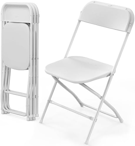 4 Pack White Plastic Folding Chair, Indoor Outdoor Portable Stackable Commercial Seat with Steel Frame 350lb