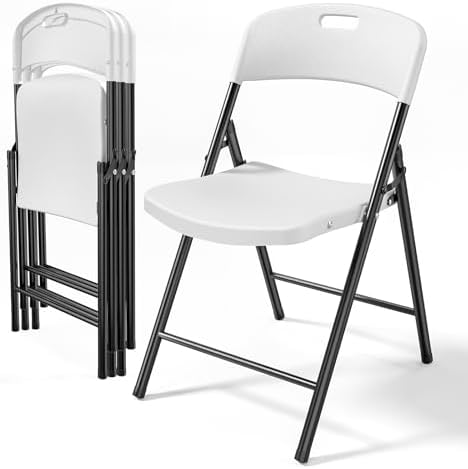 4-Pack White Plastic Folding Chairs, Portable Seat with Sturdy Steel Frame for Indoor & Outdoor Use, Perfect for