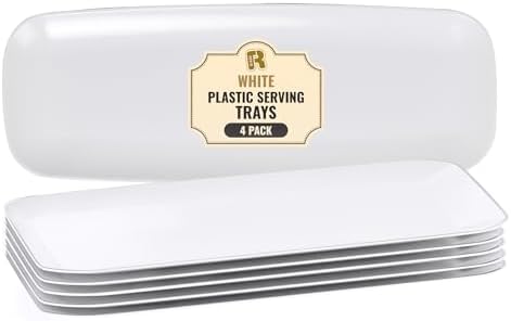 4 Pack White Plastic Serving Trays for Party - White Serving Tray 17 by 6.5 in - Rectangular Heavy Duty Dessert