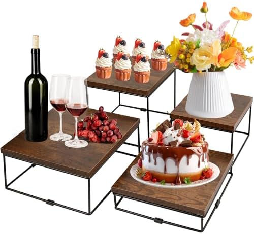 4 Pack Wooden Buffet Risers, Tiered Food Display Stands Set - Square Cupcake Stands for Dessert Table, Party