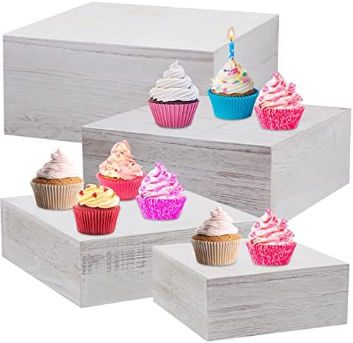 4 Pack Wooden Display Risers, Rustic Cake Stands, Vintage White in Vintage White