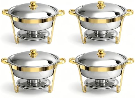 4 Packs Gold Chafing Dishes for Buffet,5QT Round Gold Chafers and Buffet Warmers Sets with Water Pan, Food Pan