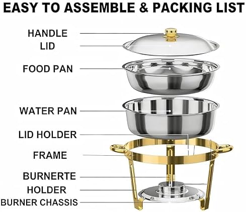 4 Packs Gold Chafing Dishes for Buffet,5QT Round Gold Chafers and Buffet Warmers Sets with Water Pan, Food Pan, alternate