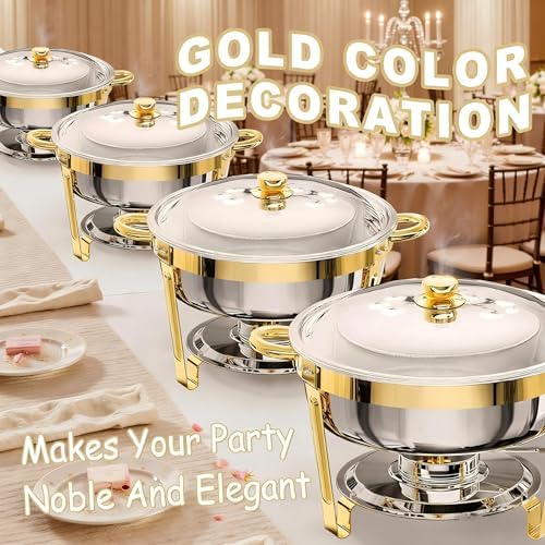 4 Packs Gold Chafing Dishes for Buffet,5QT Round Gold Chafers and Buffet Warmers Sets with Water Pan, Food Pan, alternate