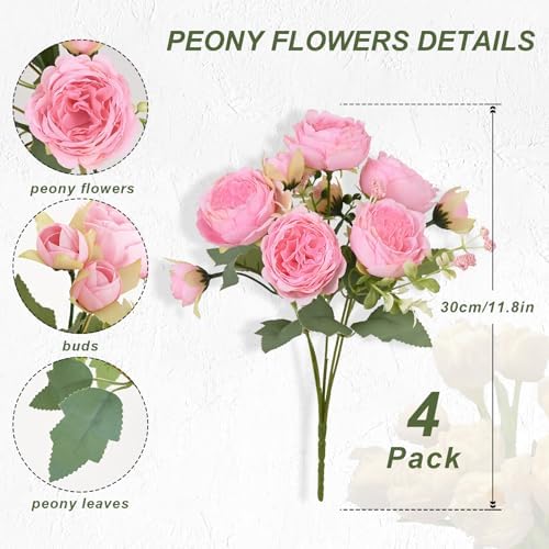 4 Packs Peonies Artificial Flowers, Light Pink Silk Artificial Peonies in Light Pink, alternate view 4
