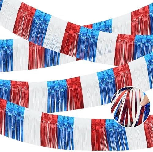 4 Packs Total 39 Feet 4th of July Parade Floats for Trailer Car, Red White Blue Foil Fringe Garland Patriotic