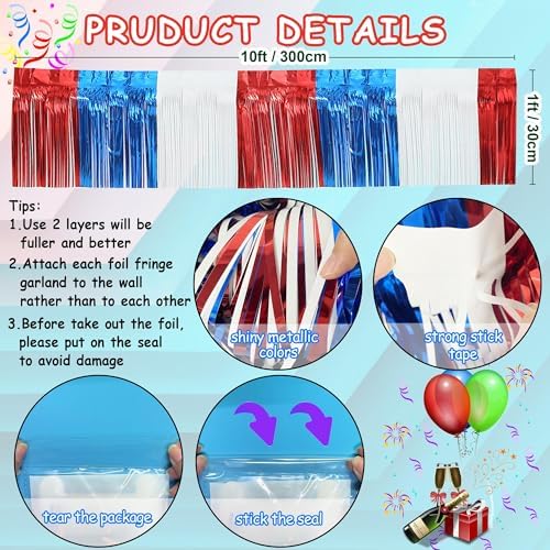 4 Packs Total 39 Feet 4th of July Parade Floats for Trailer Car, Red White Blue Foil Fringe Garland Patriotic, alternate view
