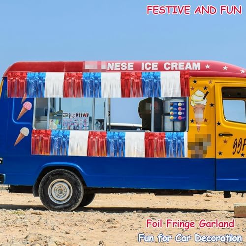 4 Packs Total 39 Feet 4th of July Parade Floats for Trailer Car, Red White Blue Foil Fringe Garland Patriotic, alternate view