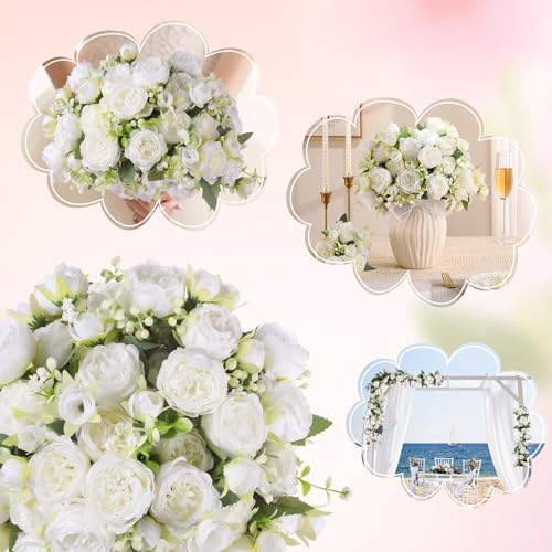 4 Packs White Peonies Artificial Flowers Faux Peony Bouquet Fake White Flowers for Vase Silk Floral Arrangements, alternate