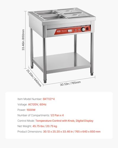 4-Pan Commercial Food Warmer, 4 x 1/2 Pans Electric Steam Table, 1500W Professional Buffet Catering Food Warmer, alternate