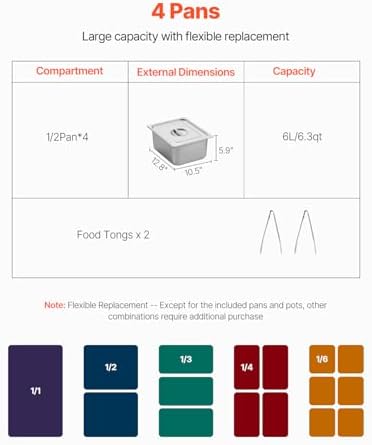 4-Pan Commercial Food Warmer, 4 x 1/2 Pans Electric Steam Table, 1500W Professional Buffet Catering Food Warmer, alternate