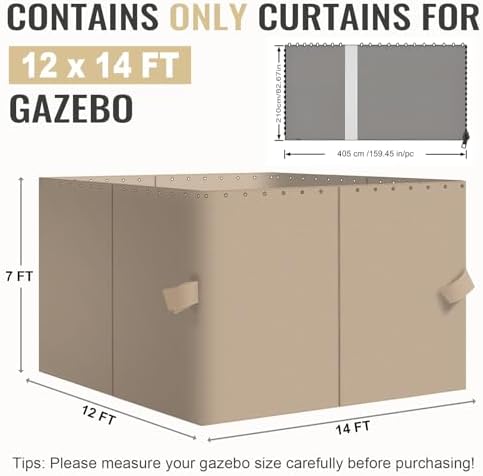 4-Panel 12' x 14' Gazebo Replacement Curtains, Patio Privacy Sidewalls with Double Zipper, Replacement for, alternate view 3