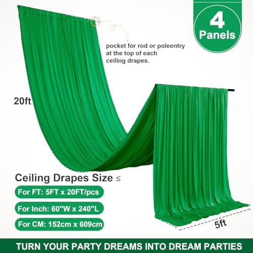 4 Panels 5ft(W) x 20ft(L) Green Ceiling Drapes for Wedding Parties, alternate view 2