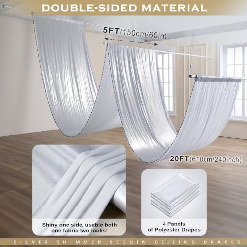 4 Panels 5ft(W) x 20ft(L) Silver Backdrop Curtain for Wedding Parties, alternate view 2